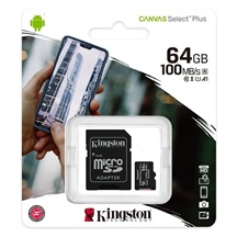 KINGSTON Paměťová karta microSDHC, 64GB, class10 UHS-I, Canvas Select Plus + adaptér na SD kartu