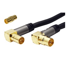 goobay Kabel anténní TV, 135dB, 4x stíněný, IEC169-2, M-F (lomené, zlacené), 10m, + redukce M-M, černý