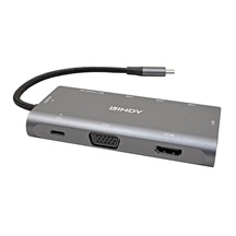 Lindy Multiport adaptér USB C (M) -> HDMI A(F) (4K@30Hz) / VGA , 3x USB3.0 A, SD, 1Gb LAN, PD 100W