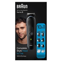 Braun All-In-One Series 5 MGK5445 zastřihovač, vlasy, vousy a chloupky, 10v1, baterie, ocelová čepel