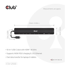 Club3D Dokovací stanice 10v1, USB-C 3.2, 1xHDMI, 2xUSB-C, 3xUSB, 1xmicroSD/SD, 1xUSB-C PD140W, 1xRJ45, černá