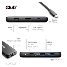 Club3D Dokovací stanice 8v1, USB-C 3.2, 1xHDMI, 1xDP, 2xUSB, 1xmicroSD/SD, 1xUSB-C PD100W, 1xRJ45, černá