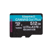 Kingston MicroSDXC karta 512GB Canvas Go! Plus, R:200/W:160MB/s, Class 10, UHS-I, U3, V30, A2 + Adaptér