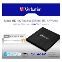 VERBATIM externí mechanika Ultra HD 4K Blu-ray External Slimline Writer (USB 3.1, USB-C) + zdarma 25GB médium +NERO