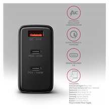 AXAGON ACU-DPQ100, GaN nabíječka do sítě 100W, 3x port (USB-A + dual USB-C), PD3.0/PPS/QC4+/Apple