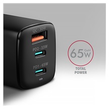 AXAGON ACU-DPQ65, GaN nabíječka do sítě 65W, 3x port (USB-A + dual USB-C), PD3.0/QC4+/PPS/Apple