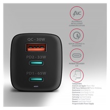 AXAGON ACU-DPQ65, GaN nabíječka do sítě 65W, 3x port (USB-A + dual USB-C), PD3.0/QC4+/PPS/Apple