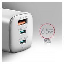 AXAGON ACU-DPQ65W, GaN nabíječka do sítě 65W, 3x port (USB-A + dual USB-C), PD3.0/QC4+/PPS/Apple