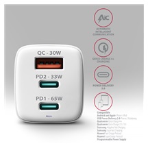 AXAGON ACU-DPQ65W, GaN nabíječka do sítě 65W, 3x port (USB-A + dual USB-C), PD3.0/QC4+/PPS/Apple
